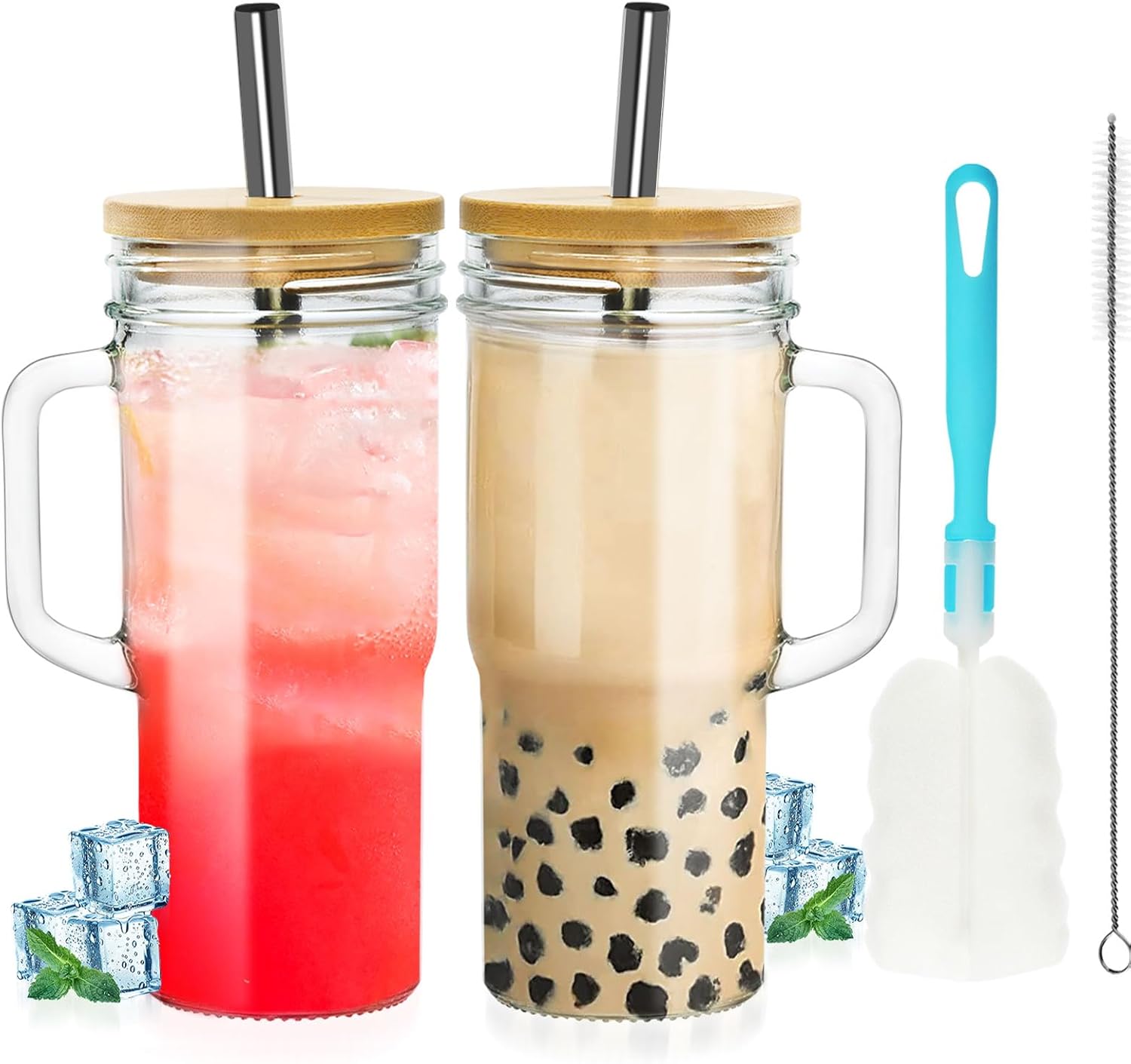 OTOB 2 Pack Glass Tumbler with Straws and Lids, 24oz Iced Coffee Mason Jar Cups, Clear Tumblers with Handle Bamboo Lid, Wide Mouth Boba Drinking Water Glasses for Smoothies Beer Juice Tea Soda Fruit