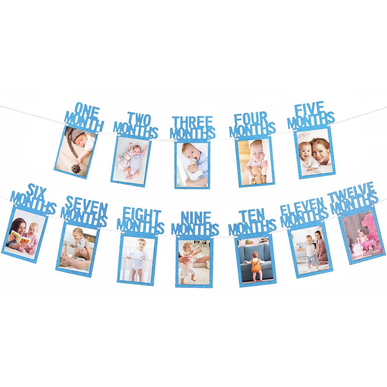 Blue 1st Birthday Photo Banner, Monthly Baby Growth Milestone Garland, 1 to 12 Months Paper Bunting Decoration, for First Birthday Celebration Decoration