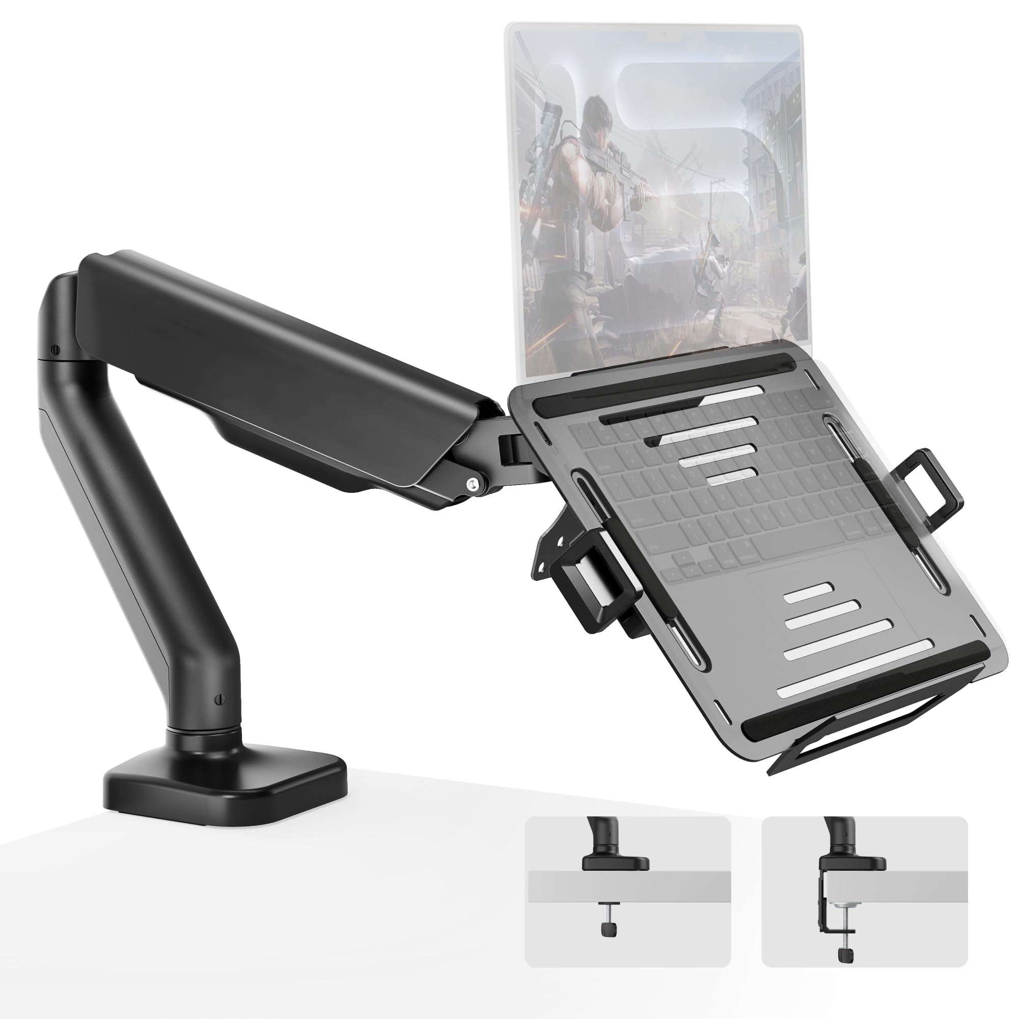 monTEK Soporte 2en1 Monitor 17-32" Portátil 12-18", VESA 75/100 | Brazo ajustable ergonómico con abrazadera y pasacables, montaje sencillo, ahorra espacio ideal para oficina y hogar