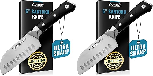 Miniatura 9 de Cutluxe Santoku – Cuchillo de 5" de cocina, cuchillo para carne y verduras – Acero alemán forjado de alto carbono – Espiga completa y afilado como
