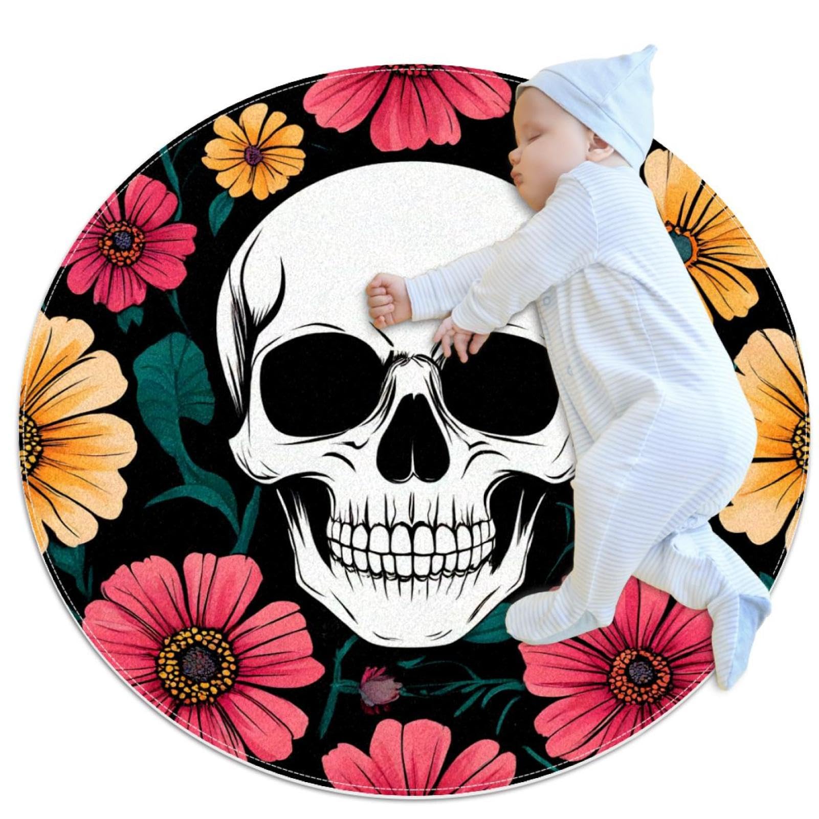 Petit tapis de salle de bain rose tête de mort jaune 1m marguerites rond