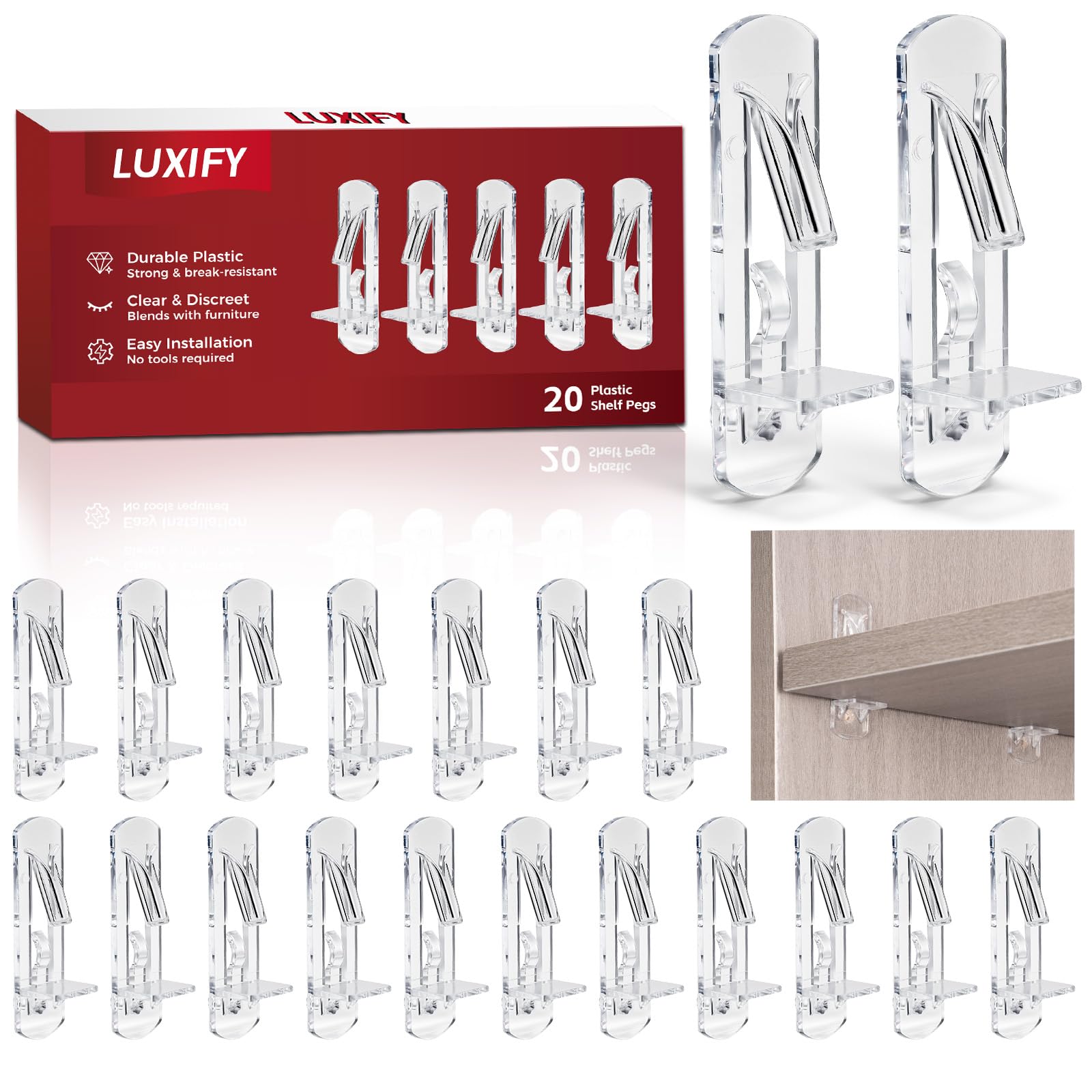 Photo 1 of 20 PCS Locking Shelf Pegs 5mm*3/4" Plastic Clear Shelf Pins & Pegs for Kitchen Cabinets, Bookcases, Wardrobe Transparent Plastic Shelf Support Pins, Compatible with Standard 5mm Holes