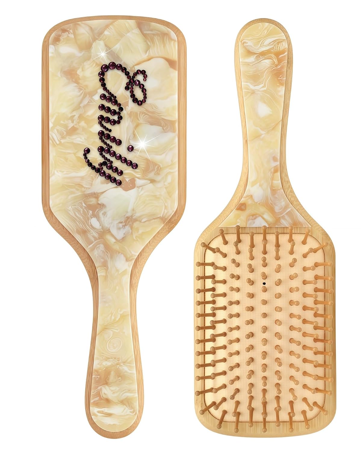 FJBling Custom Personalized Bamboo Hair Brush with Name (Yellow Marble)