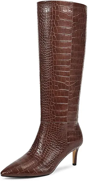 wetkiss Brown Knee High Boots for Women Knee High Crocodile Boots Snake Pointed Toe Tall Brown Snakeskin Stiletto Heel