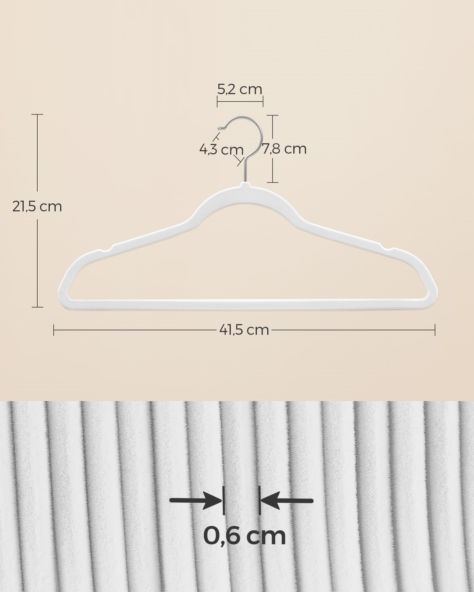 SONGMICS Lot de 20 Cintres Velours Adulte, Longueur 41,5 cm, Fins, Grande Capacité de Charge, avec Crochets Pivotants à 360°, pour Manteaux, Chemises, Blanc et Argent CRF026W20 - 5