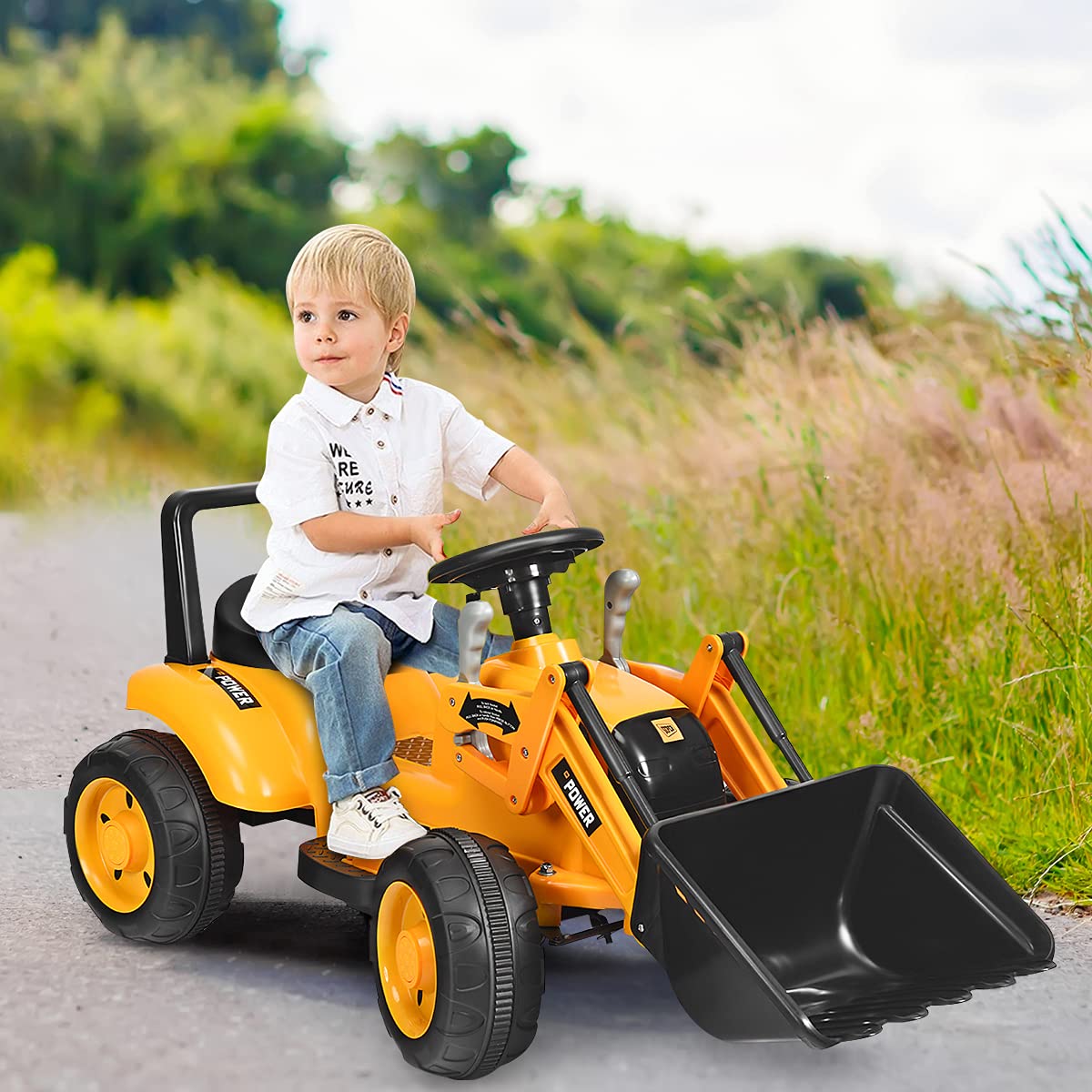 HONEY JOY Ride On Excavator, 6V Battery Powered Wheeled Loader Digger with Working Front Bucket, Forward/Backward, Electric Construction Vehicle for Kids, Ride On Tractor for Boys Girls, Yellow