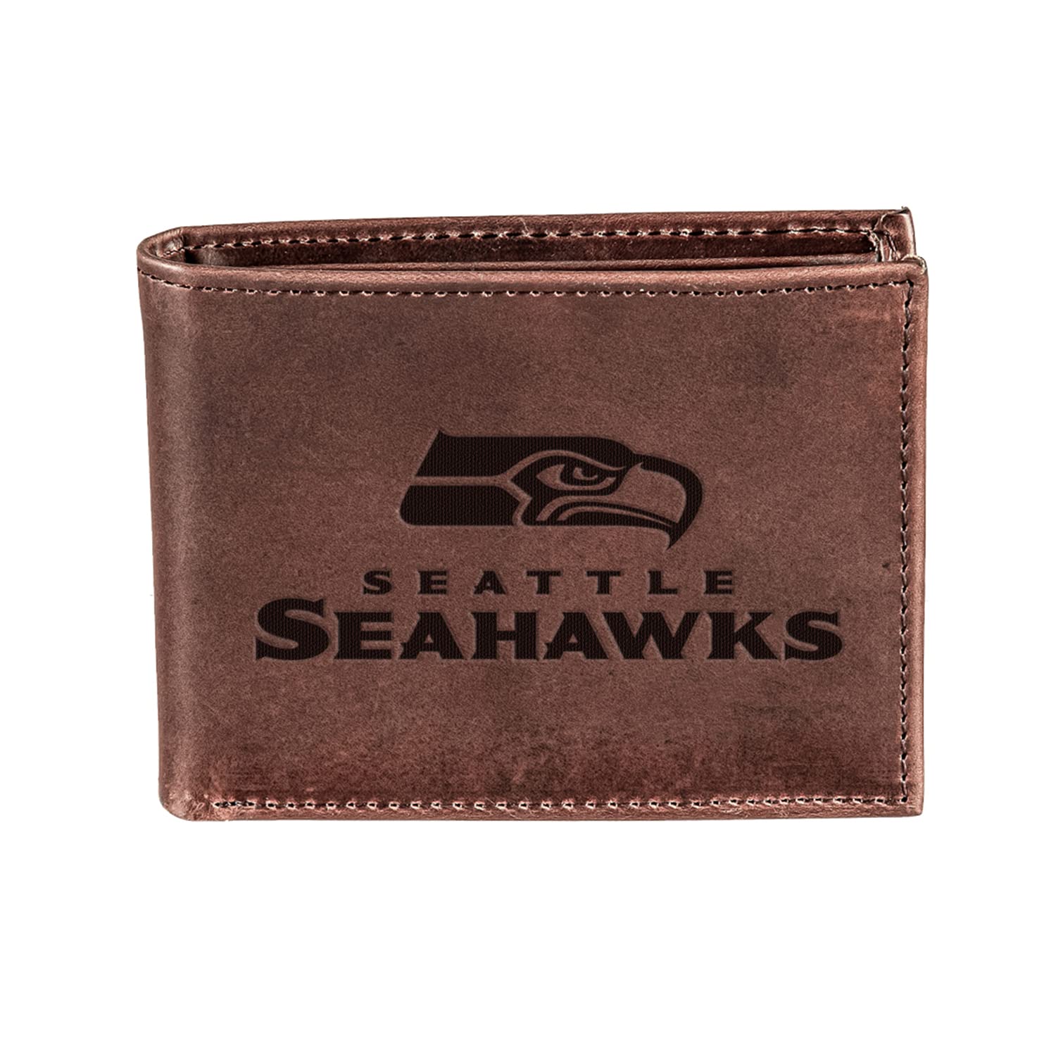 EvergreenTeam Sports America NFL Seattle Seahawks Brown Wallet | Bi-Fold | Officially Licensed Stamped Logo | Made of Leather | Money and Card Organizer | Gift Box Included