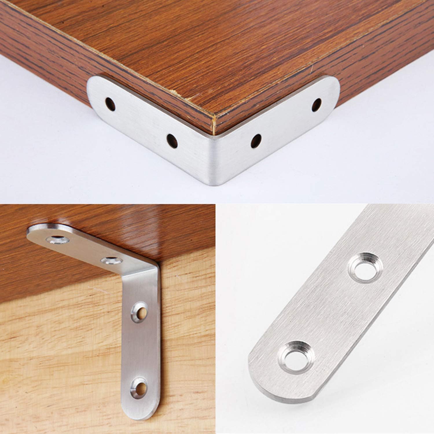 PxyelecStainless Steel L Bracket Joint (10-Pack) 2.5mm Thick Silver Right Angle Corner Brace 65mm x 65mm x 20mm Fastener Corner Brace Fixture Protector for Wood Mini Shelf Brackets with 40 Screws