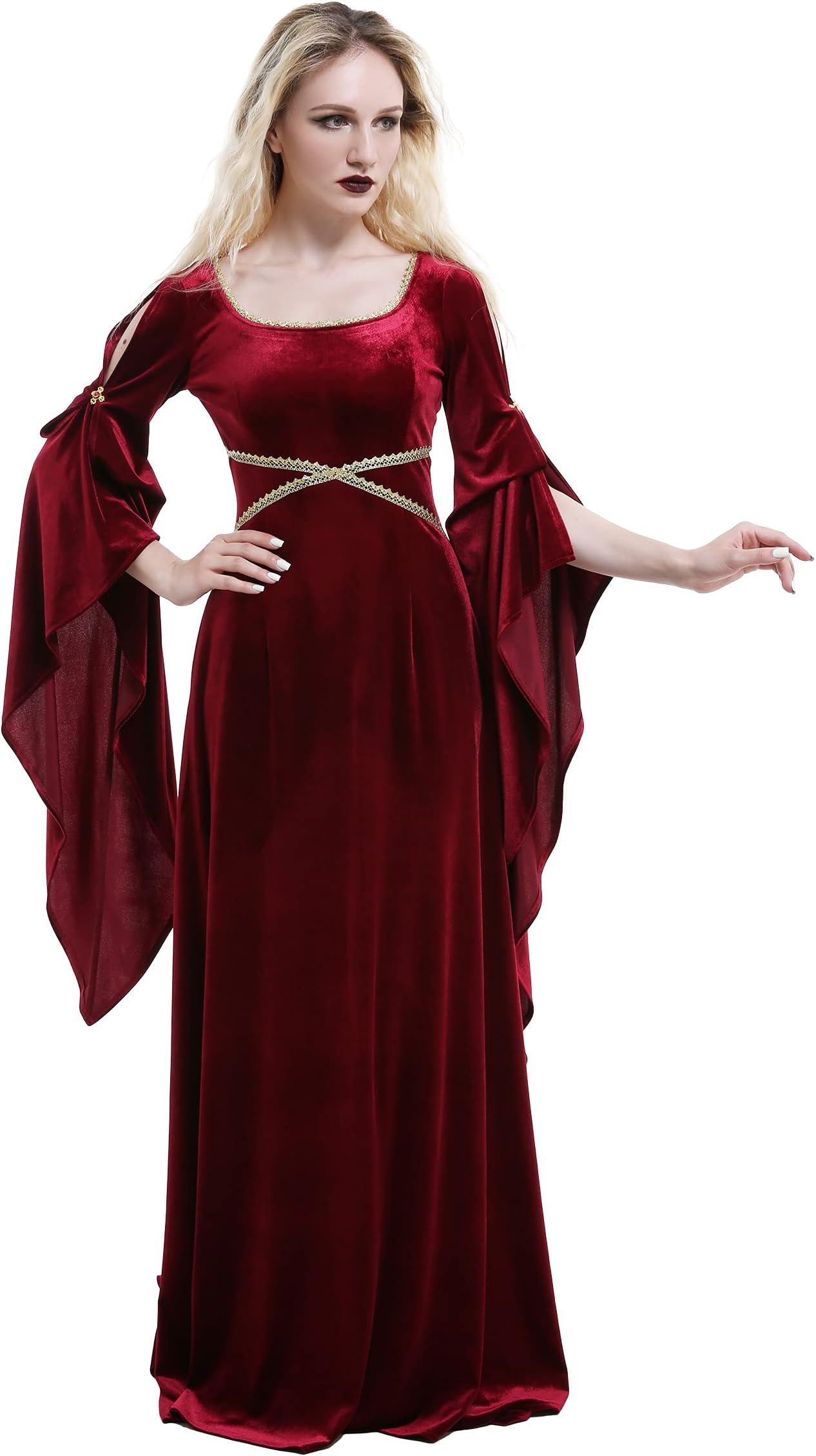 daizbellaMedieval Costume Women Medieval Dress Handmade Retro Velvet Gown with Lace Embellishments and Pleated Sleeves
