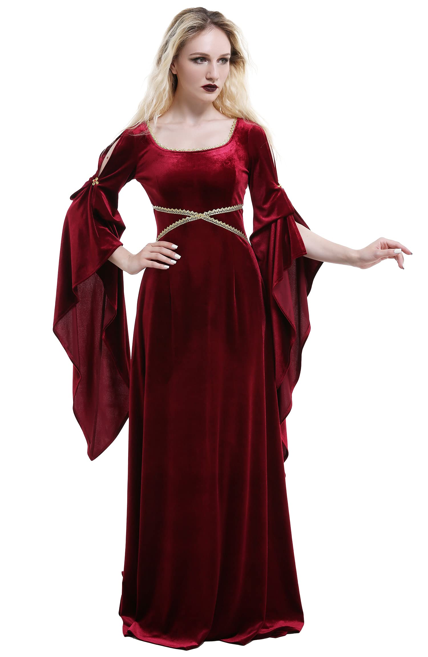 daizbellaMedieval Costume Women Medieval Dress Handmade Retro Velvet Gown with Lace Embellishments and Pleated Sleeves