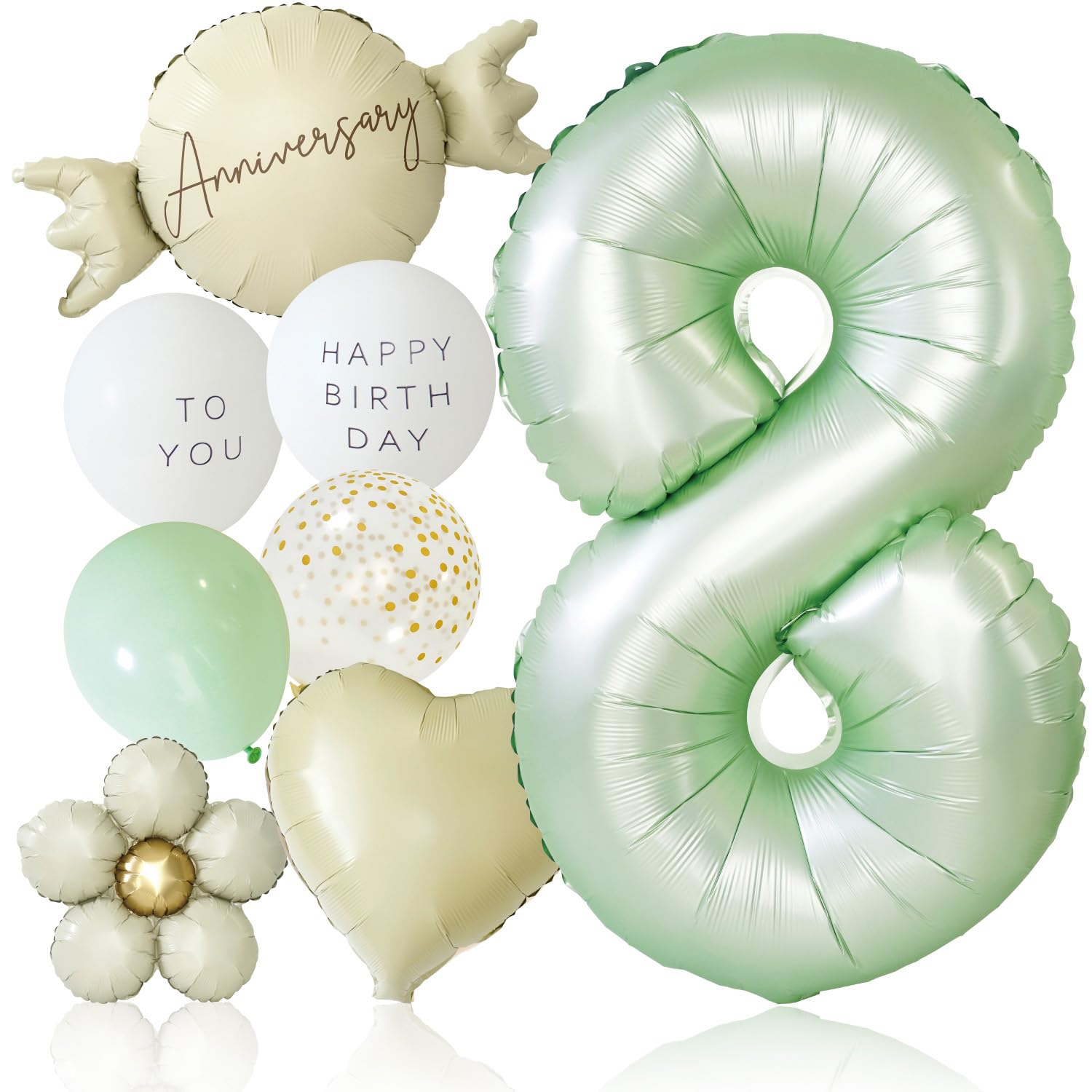 deerzon くすみグリーン 8歳 くすみカラー 数字 バルーン 誕生日 飾り付け 10点 セット 大きい 65cm くすみ ニュアンスカラー ナンバーバルーン バースデー 8