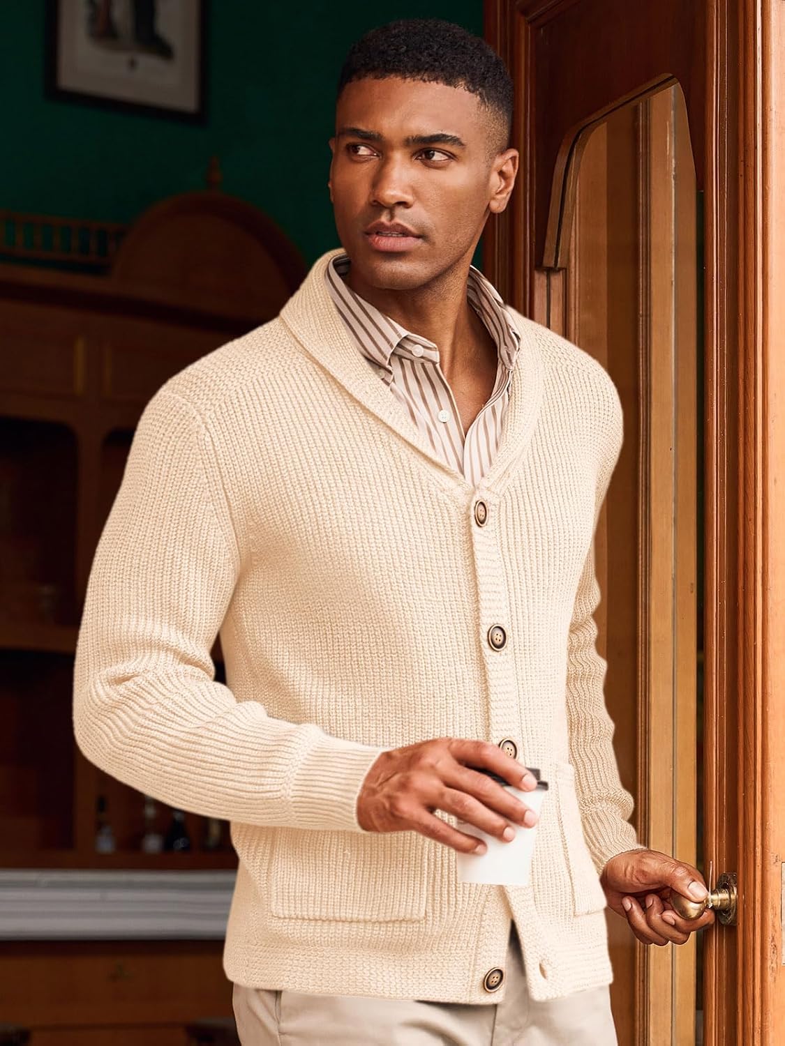 Runcati Mens Shawl Collar Cardigan Sweater Cable Knit Button Down Winter Chunky Sweaters with Pockets - Image 3