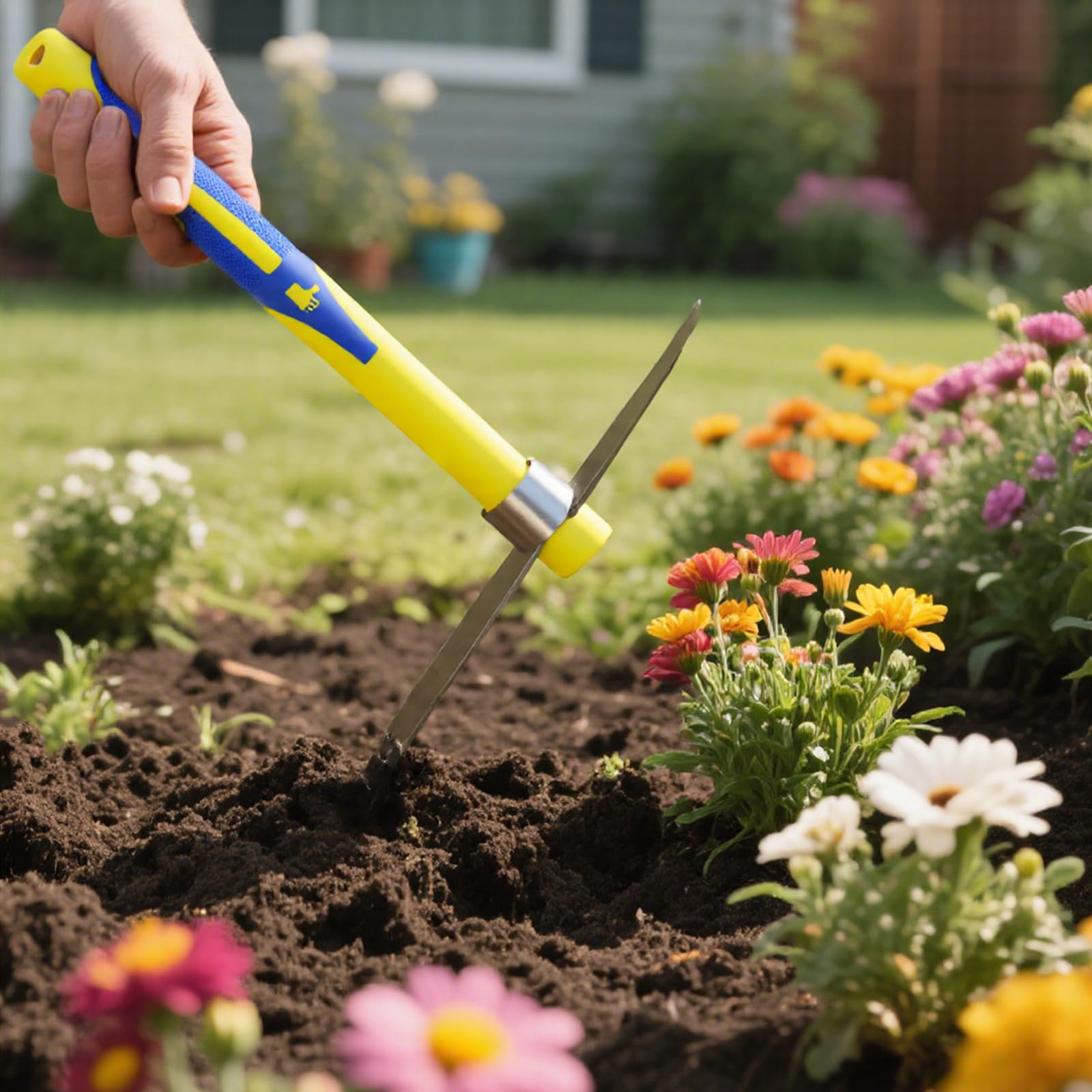 SINJEUN 2 Azadas de Jardín con Pico y 3 Dientes, Mango de Fibra de Vidrio Antideslizante, 40 cm, Herramienta Multifuncional para Jardinería, Camping y Agricultura