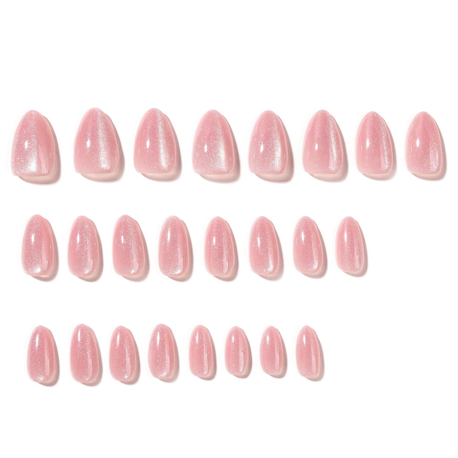 Pink Press on Nails Short Almond Fake Nails Glossy Cat Eye Acrylic Nails Shiny Glitter False Nails Cute Solid Color Glue on Nails Nature Chrome Stick on Nails for Women Manicure 24Pcs image 4