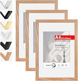 HIMEETIME® 3x cadre photo DIN A4 21x30 cm,en bois de chêne massif, Présentoir photo A5 (15x21cm) avec passe-partout,Accrochage Facile Pour montage decoration mural A4