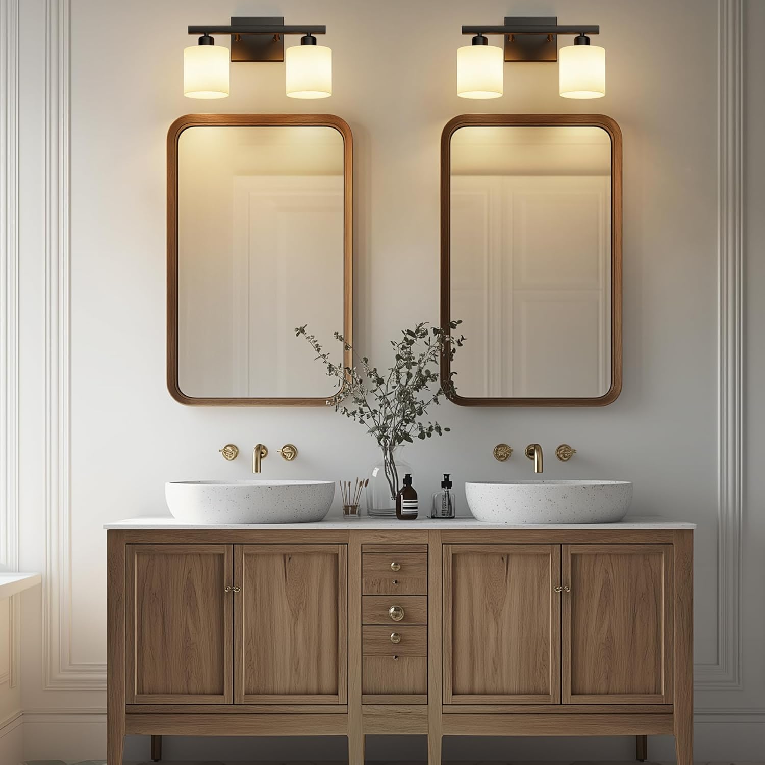 PARTPHONER Bathroom Light Fixtures, Bathroom Lighting Fixtures Over Mirror, Interior Classic Vanity Lights, Modern Vanity Light with Textured White Glass Shade, Matte Black, 2-Light