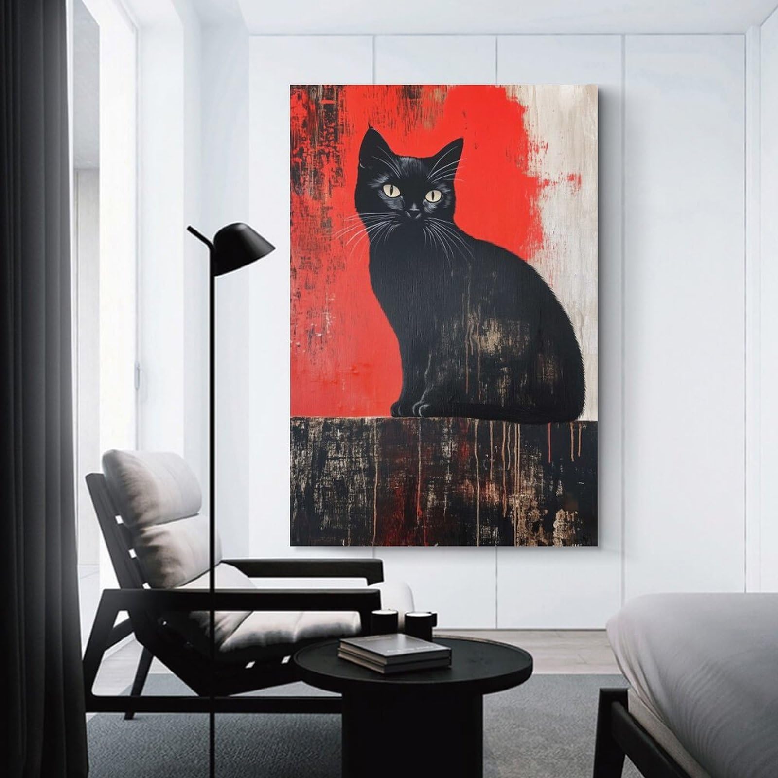 Junmoney Black Cat on Red Background Room Decor Wall Art, 20x30inch(50x75cm), for Office, Study Or Home Workspace, Decorative Artwork for Productive Spaces
