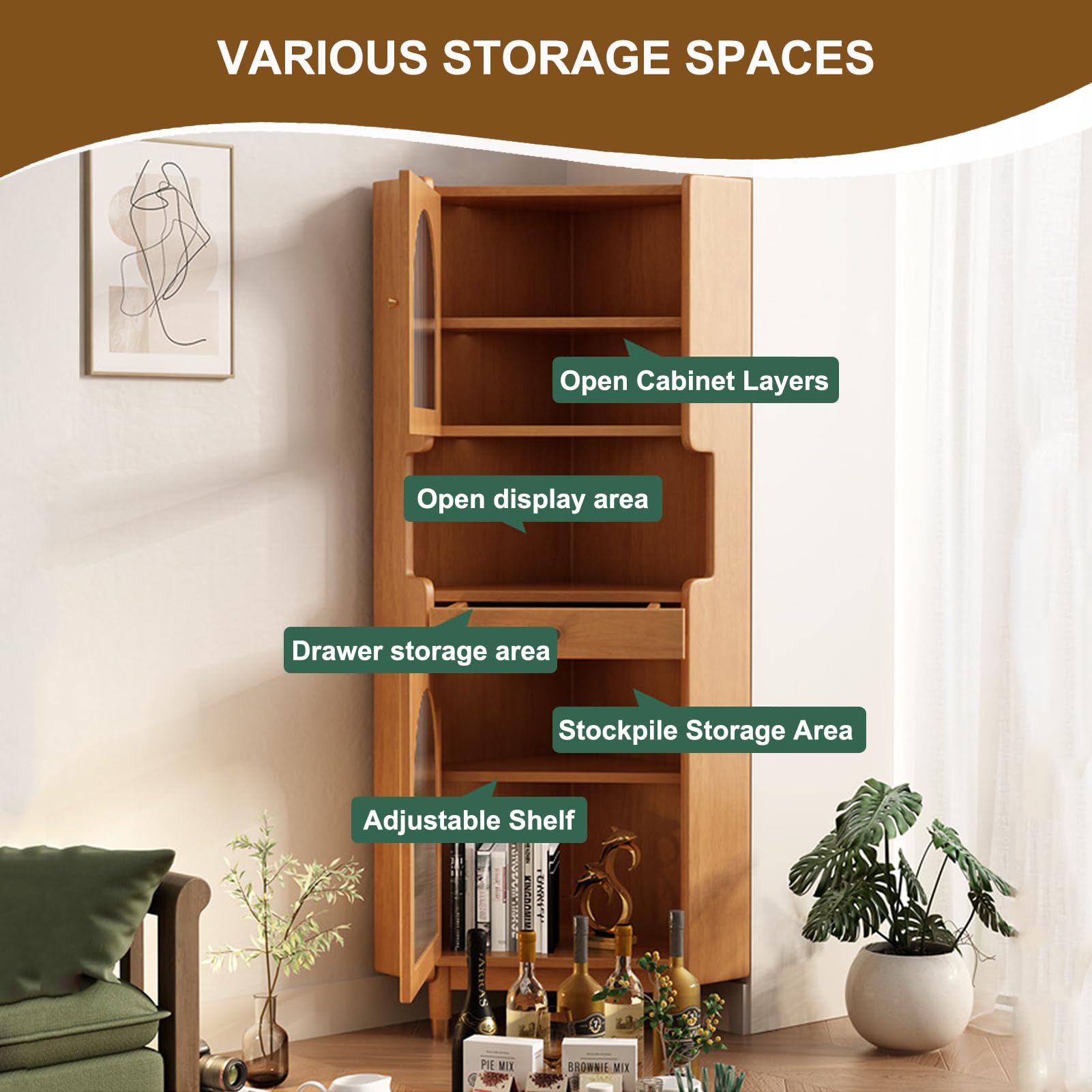 ZORZA Armario Esquinero Alto, Roble, con 2 Puertas de Ratán y Estantes Ajustables de 5 Niveles, Armario Esquinero Independiente para Baño, Cocina, Salón o Dormitorio,Walnut
