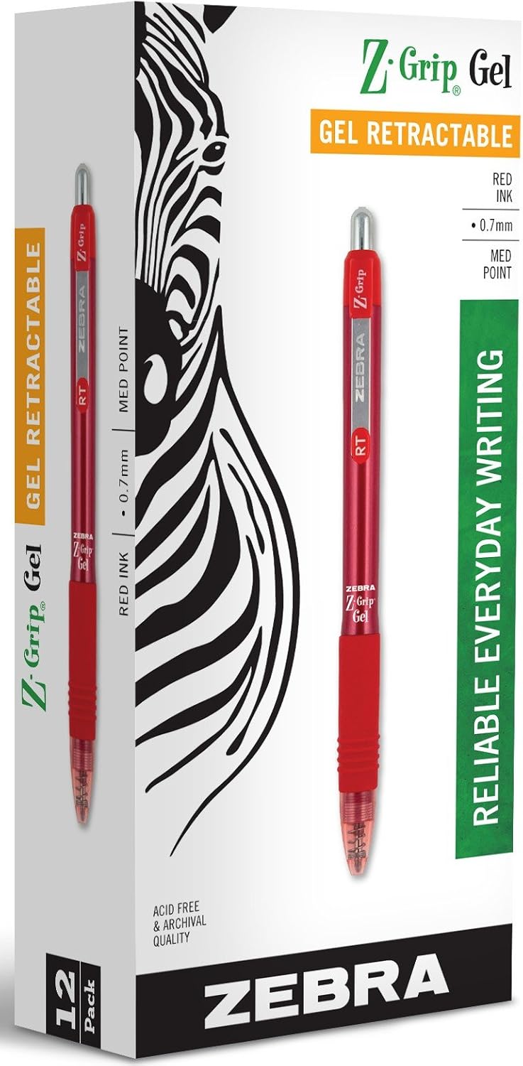 Zebra Z-Grip Gel Retractable Ballpoint Rollerball Pen, Medium Point, 0.7mm, Red, 12-Count