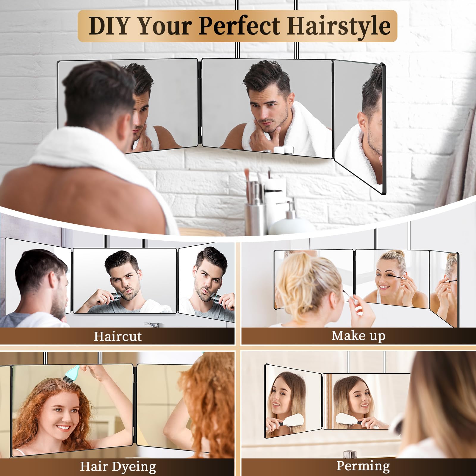 JUSRON Miroir Coiffure 360° 3 Faces Barbier Homme/Femme, Portable et Hauteur Réglable, Pliable pour Maquillage, Rasage (sans LED)