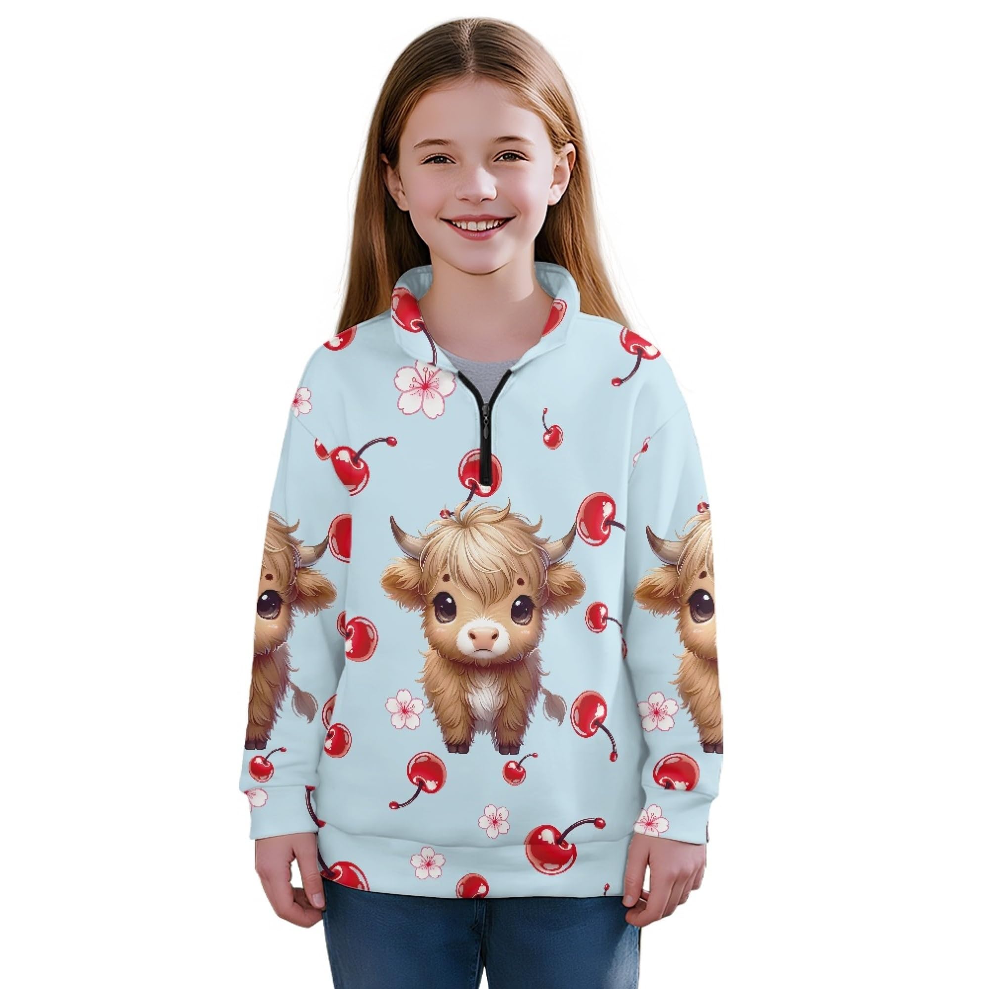 AmzPrint Girls Quarter Zip Jackets Long Sleeve Pullover Novelty Athletic Running Graphic Hoodies For Big Girls