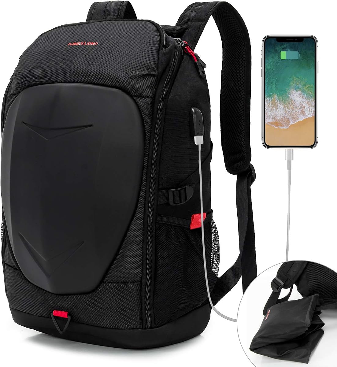 KINGSLONG Mochila para portátil de 17 pulgadas con carcasa rígida, mochila blindada con puerto USB y cubierta ligera para la lluvia para motocicleta, mochila impermeable para carreras al aire libre, color negro