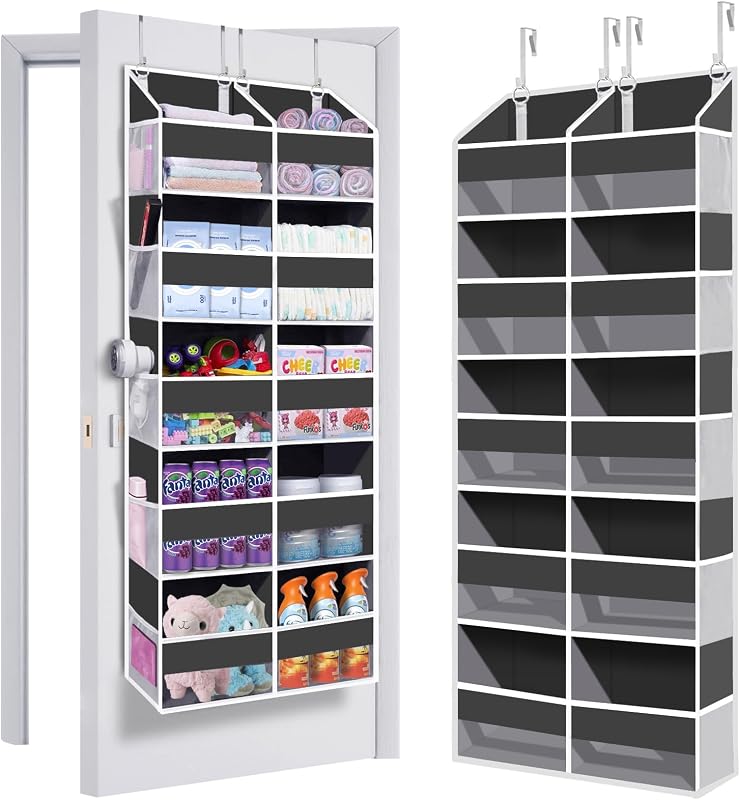 Organizador resistente sobre la puerta de 5 niveles, almacenamiento extra grande detrás de la puerta de 10 bolsillos frontales grandes y 10 de malla, capacidad de peso de 80 libras, organizador de almacenamiento de puertas colgantes para armario, dormitorio, guardería, gris