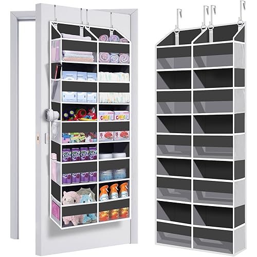 Heavy Duty Over The Door Organizer 5 Tiers, Extra Large Behind Door Storage of 10 Big Front & 10 Mesh Pockets, 80lb Weight Capacity, Hanging Doors Storage Organizer for Closet Bedroom Nursery, Grey