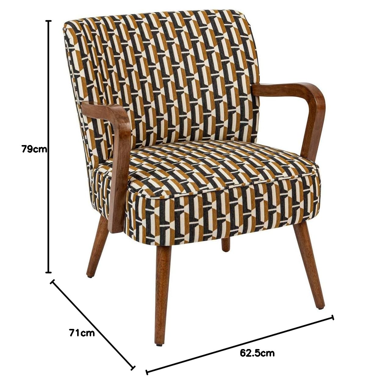 Atmosphera Interior Designer - Poltrona Chiara, tessuto ciniglia ocra nera, legno di Hevea stile retrò vintage, braccioli semirigidi per soggiorno, ufficio, camera da letto