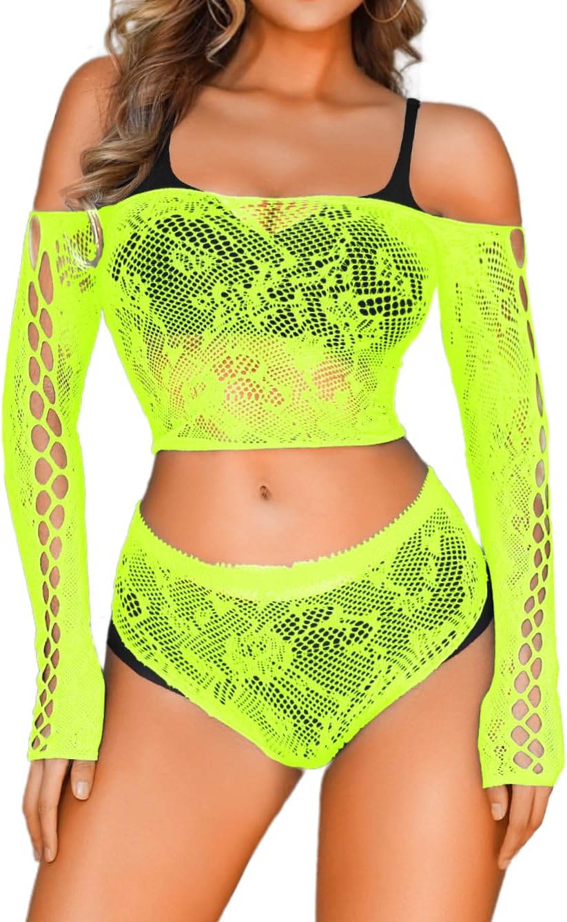EHSUYAB Rave Outfit For Women, Off Shoulder Long Sleeve Top Two Piece Fishnet Bodysuit, Sexy Lingerie Set Boudoir Club Dancer