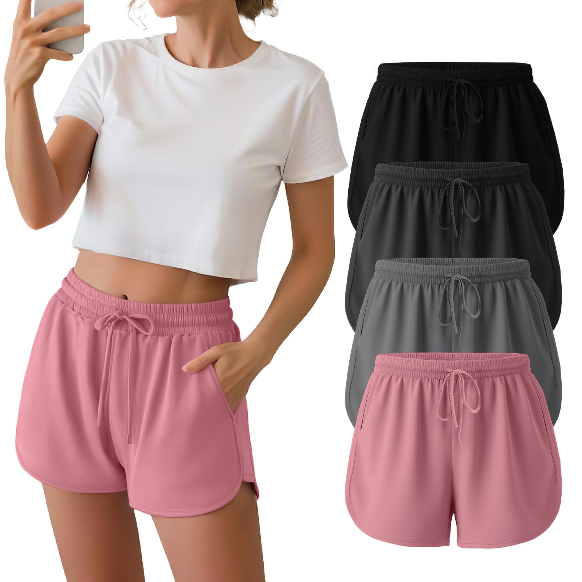 Neer Lot de 4 shorts de survêtement pour femme, shorts d'entraînement athlétiques décontractés avec poches et cordon de serrage