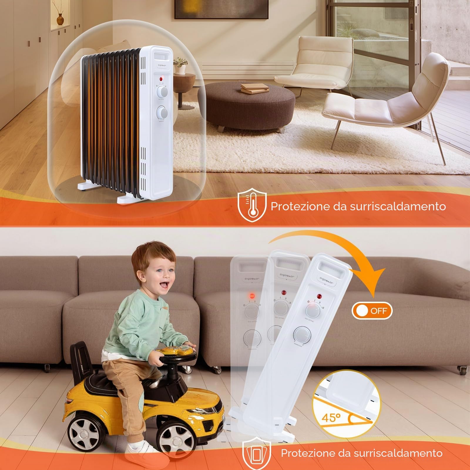 AIGOSTAR LUKE- radiatore ad olio elettrico, 11 Elementi, 2300 W. Termostato Regolabile, 3 Impostazioni di Calore, Risparmio Energetico, Protezione da Surriscaldamento e Antiribaltamento, 20mq