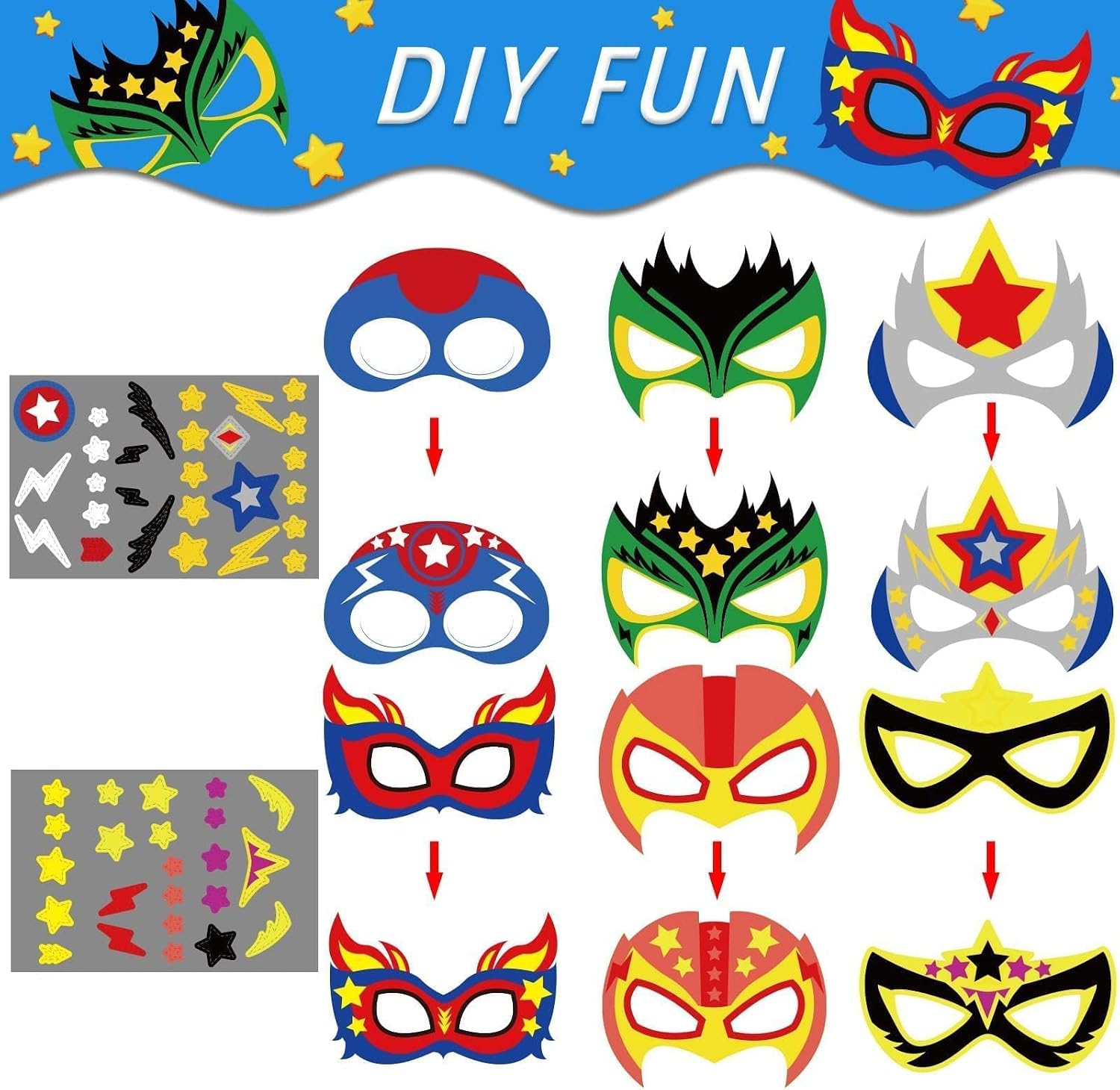 chiazllta 48 Packs Mask Your Own Super Theme Hero Masks Hero Craft Kits Kids DIY Paper Masks Art Craft Kid Gift Decor for Home Class Game Activities Father's Day Party Favors image 3