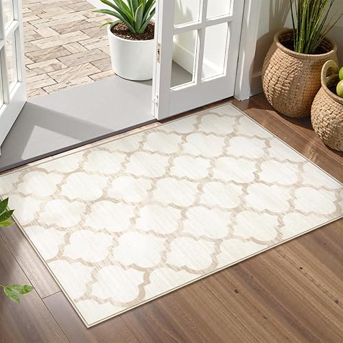 Lahome - Alfombra marroquí, de 2 x 3 pies, pequeña, lavable, antideslizante, suave, decorativa, no desprende pelusas, color marfil y envejecida,
