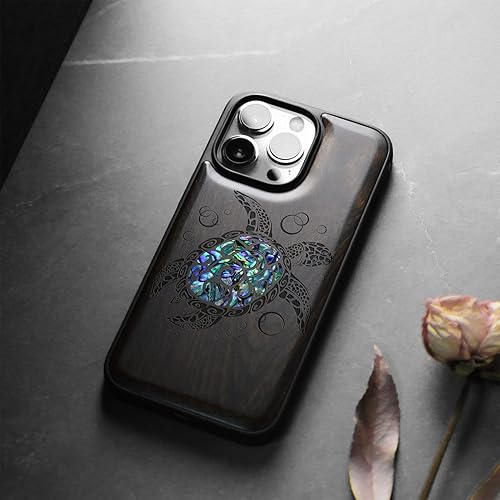 Miniatura 9 de Carveit Funda protectora de madera de diseñador para iPhone 13 Pro Max, funda magnética, grabado de madera e incrustaciones de concha, funda de