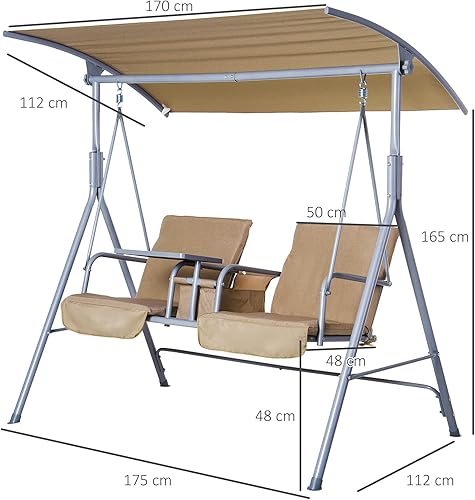 Miniatura 7 de Outsunny Columpio de porche para 2 personas con soporte, columpio al aire libre con toldo, mesa de almacenamiento pivote, 2 soportes para tazas,