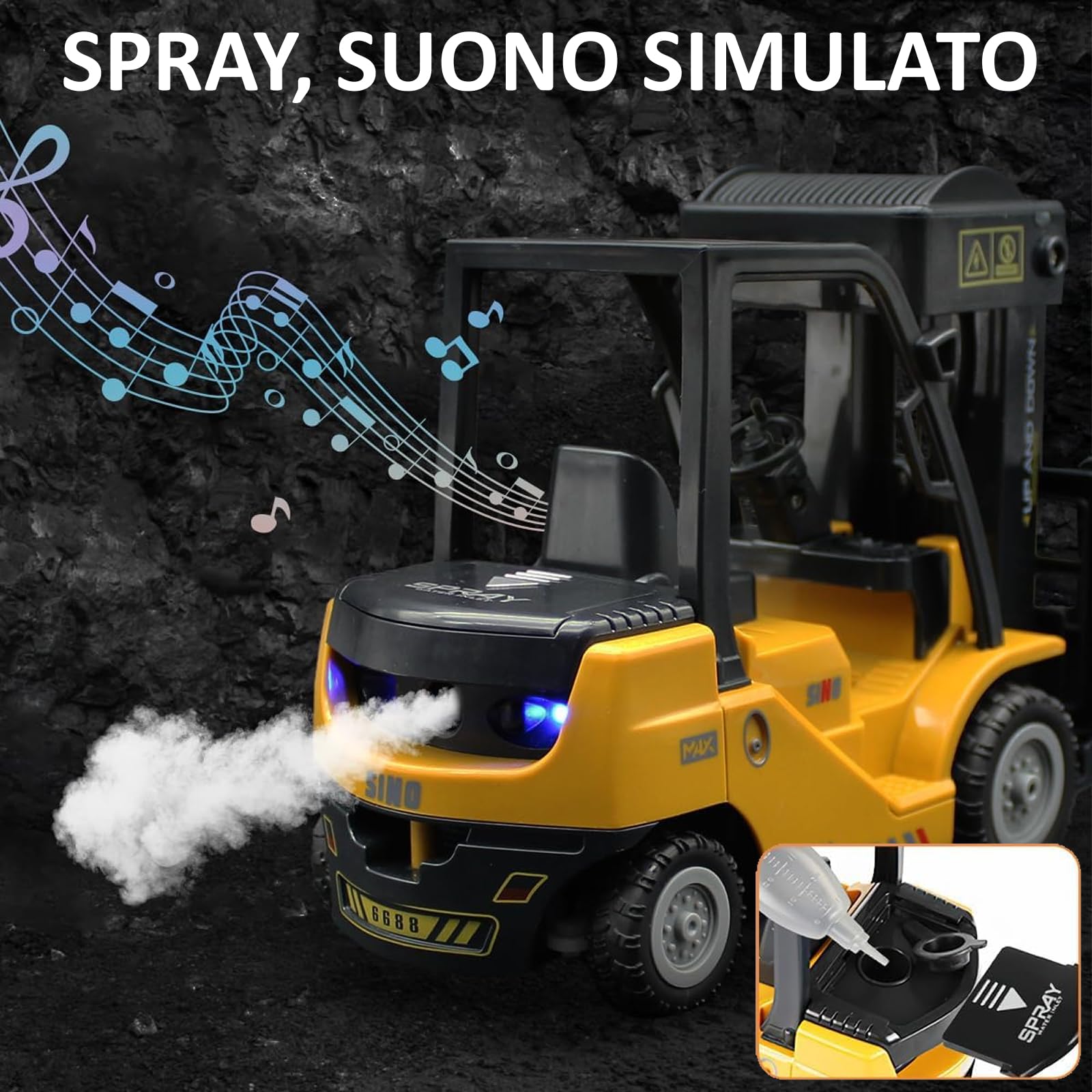 Scale 1:24 RC Giocattolo Carrelli Elevatori, Carrello elevatore telecomandato 2.4GHZ, con scatole/spray suono e luce, telecomandata carrello elevatore giocattolo per bambini, Regalo di complea