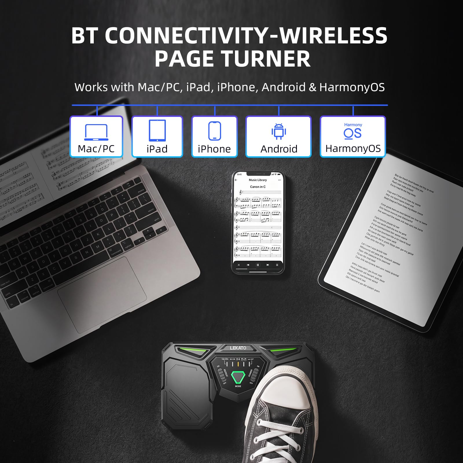 LEKATO Pedale Bluetooth per girare pagine, ricaricabile, wireless, con 40 ore di autonomia, doppio pedale antiscivolo e silenzioso per girare pagine, con indicatore della batteria, per tablet, Pad