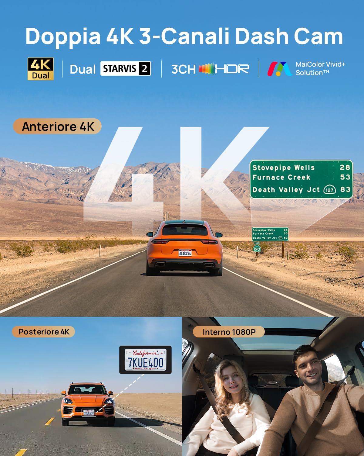 70mai Dash Cam 4K T800 3 Canali Dual 4K+1080P Anteriore Posteriore Interno, 3 HDR Dual STARVIS 2 con microSD 512GB, 4G LTE, Rilevamento del Movimento AI, Visione Notturna, Monitoraggio Parcheggio