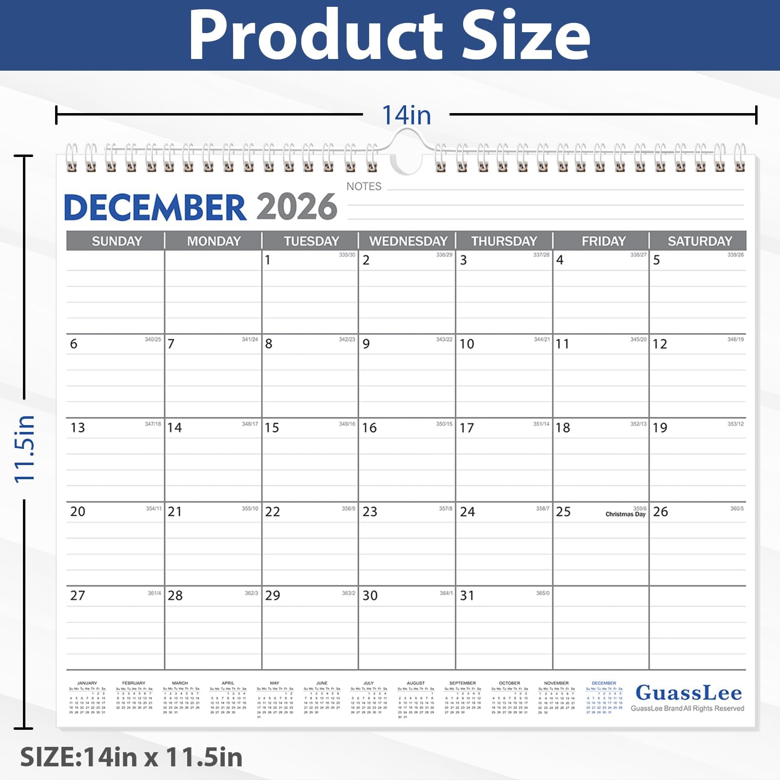 GuassLee Lot de 2 calendriers muraux 2026-2027 de janvier 2026 à juin 2027 - 18 mois - 35,6 x 29,2 cm - Planificateur mural 2026 avec notes pour une planification facile à l'école, à la maison, au