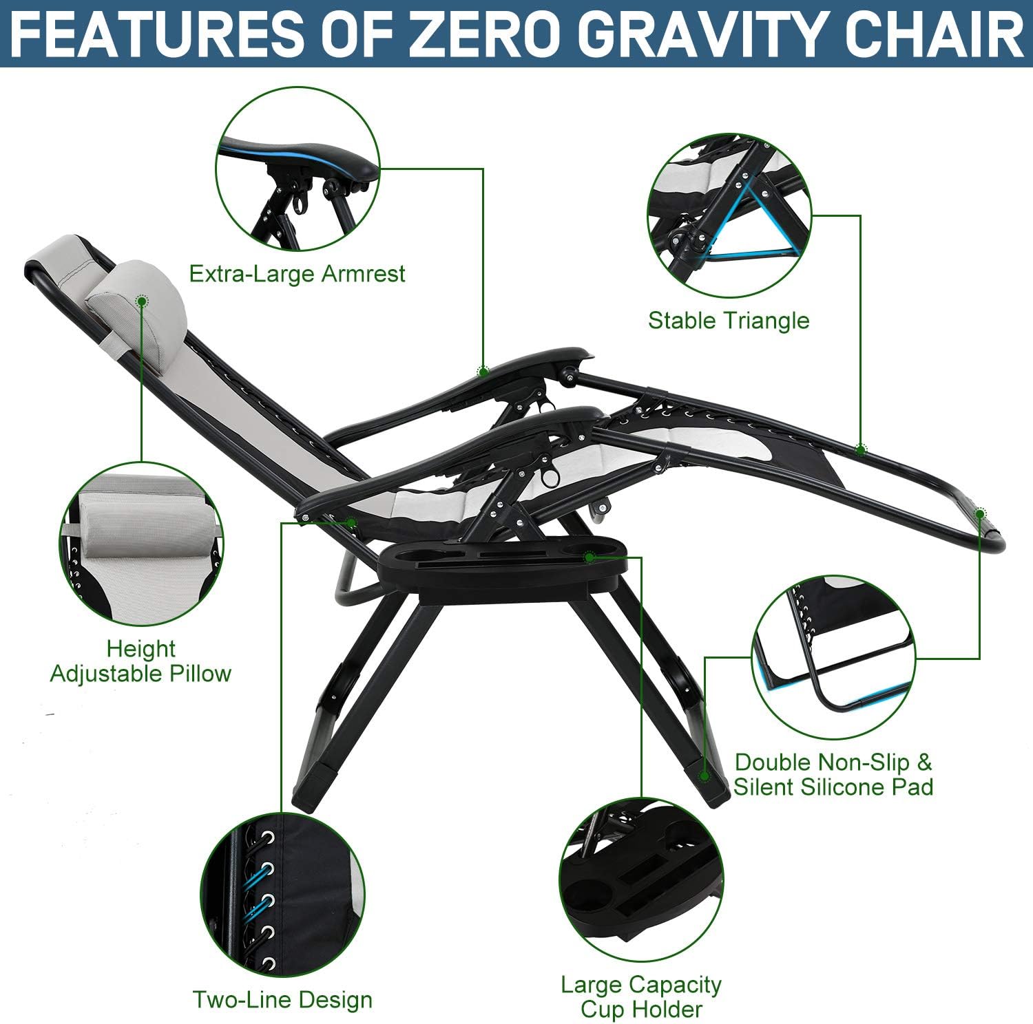 Oversized XL Zero Gravity Lounge Chair,Adjustable Mesh Outdoor Patio Chairs,Wider Armrest Recliner Support w/Cup Holder Padded Seat & Back Pillow for Pool Deck Camping Beach 420 LBS(Grey)