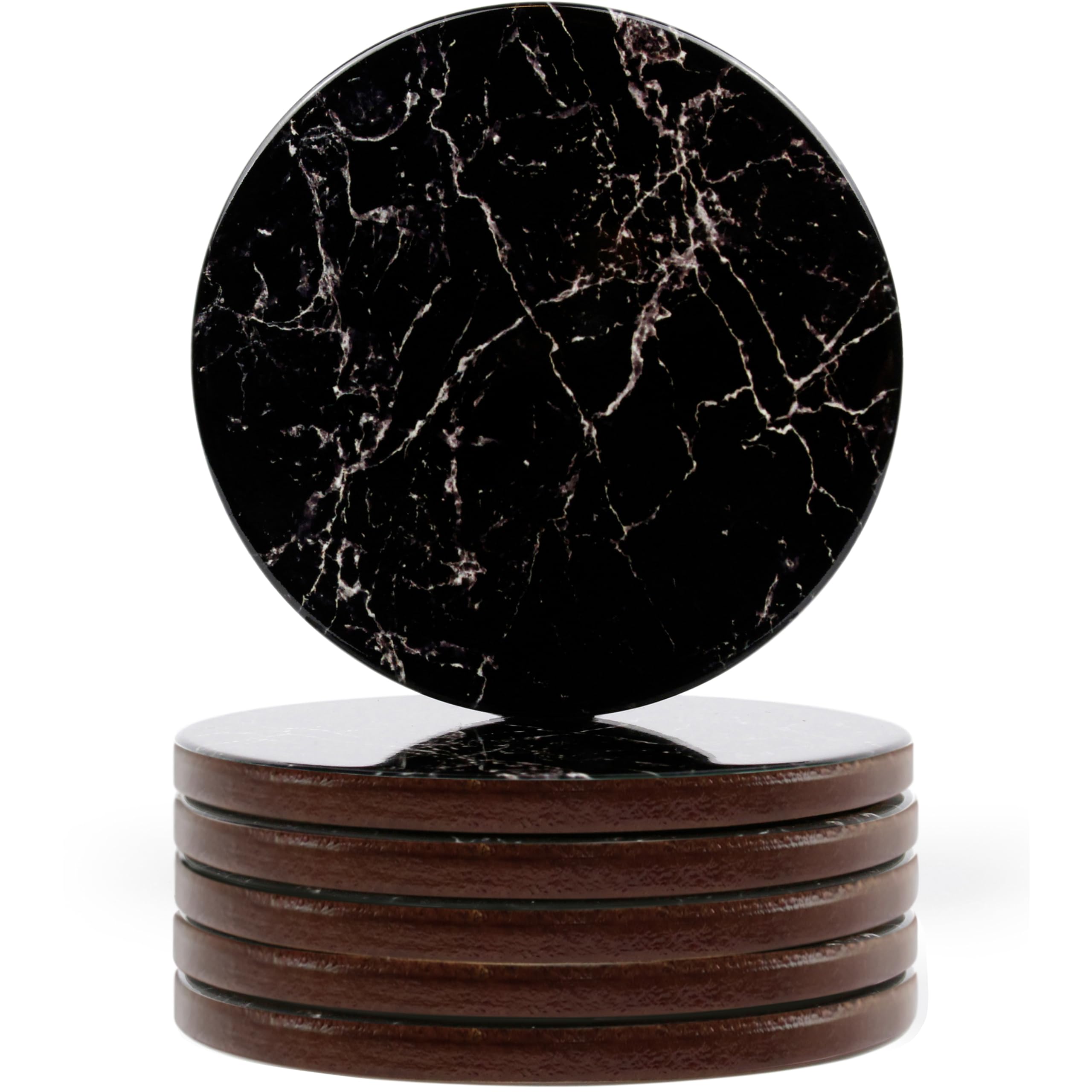 Naivasha Homeware Black Marble - Gloss Finish Naivasha Homeware® Marble Print Cork Coasters - Set Of 6, Stunning Decorative Coasters In Gloss Finish, Elegant With Cork Bottom - Black Marble Design