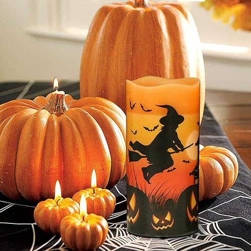 Miniatura 3 de Eldnacele - Velas LED parpadeantes sin llama de Halloween con temporizador de 6 horas, velas de cera que funcionan con pilas, con calcomanías