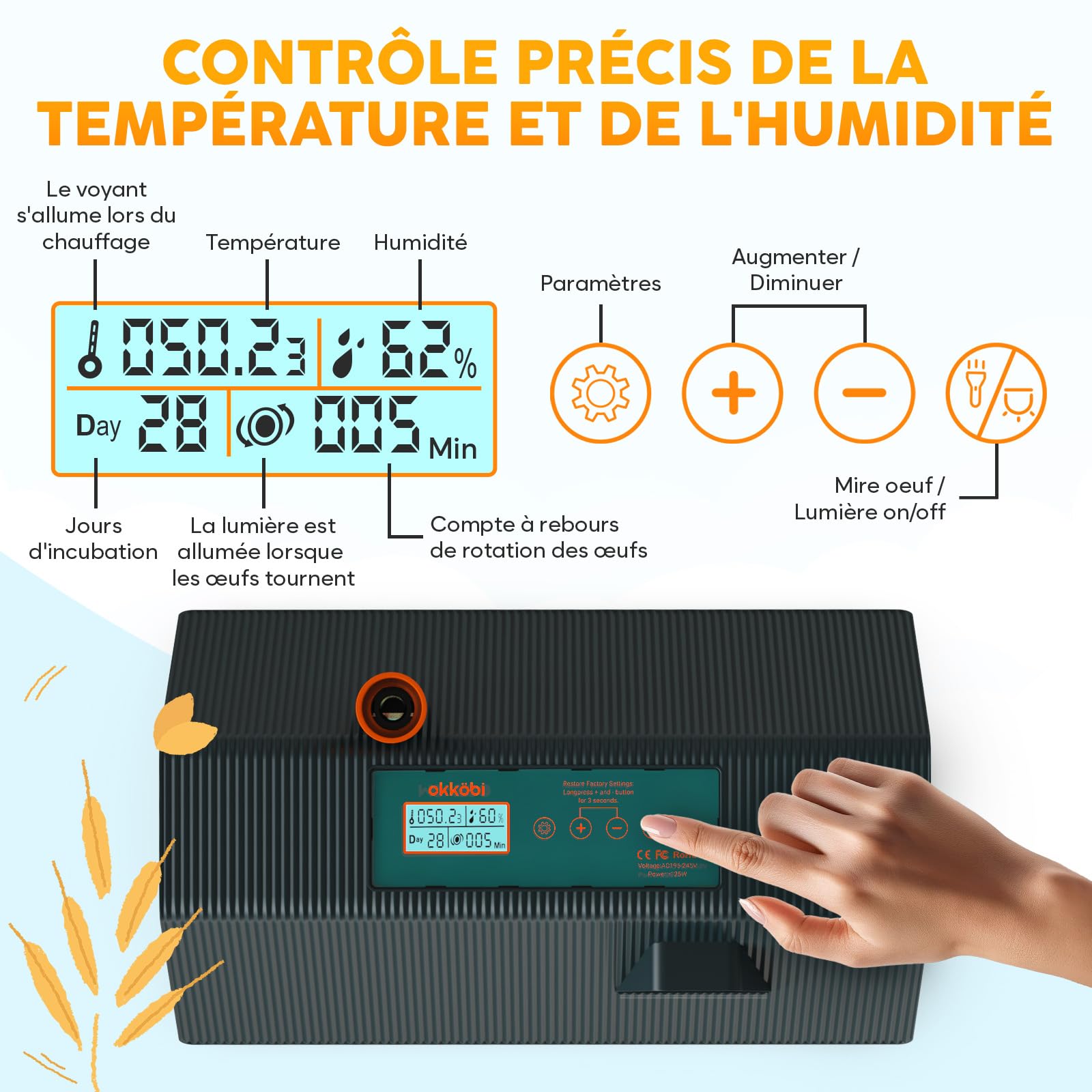 Okkobi M10 Couveuse Oeuf Automatique - Idéal tous âges - Incubateur Retournement Automatique - Contrôle Humidité - Mire oeuf intégré - 10 œufs - Tout type volailles - Vert et Orange