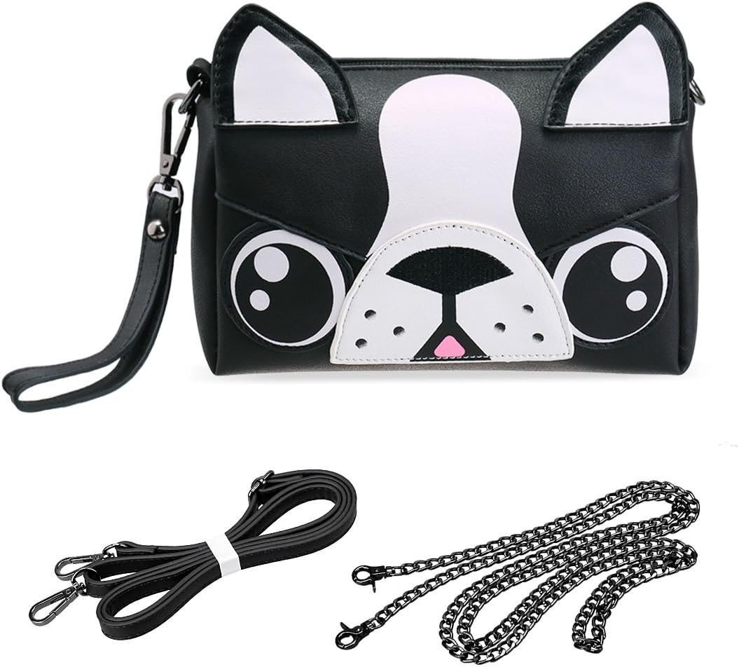 BMC Cute Animal Dog Puppy Face Purse for Girls Teens Women - 3 Detachable Straps for Crossbody Bag Clutch Wristlet Shoulder Handbag - PU Faux Leather - Black/White Boston Terrier Design