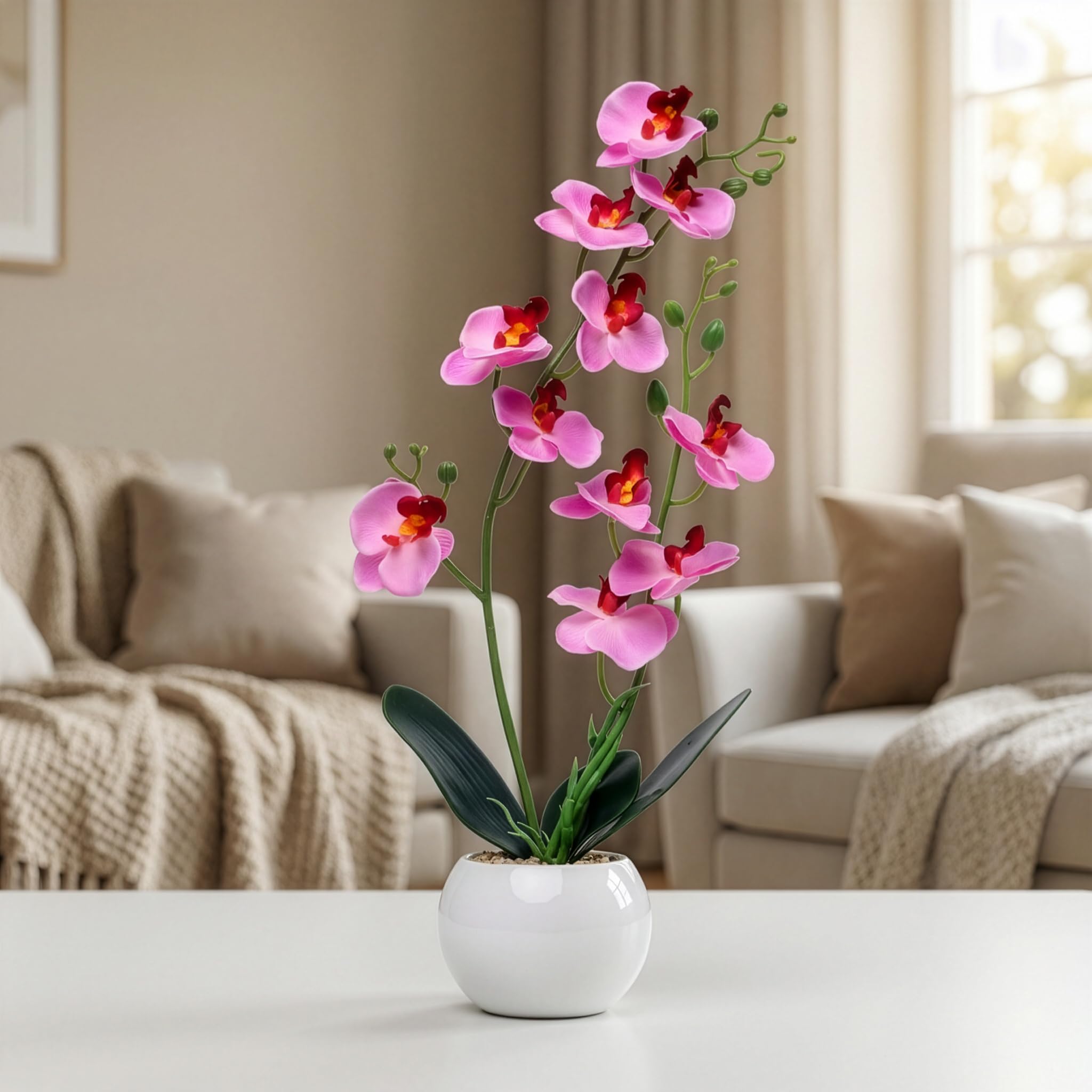 Sponsored Ad - Decor & More Artificial Orchid Flowers with White Ceramic Pot 43 Cm| Phalaenopsis Orchids for Table Centerpiece | Realistic Fake Flower for Bedroom and Office Decoration, Rose Pink Set of 1