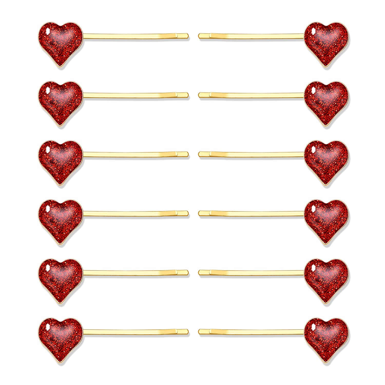 Boderier 12 Pack Valentine's Day Heart Bobby Pins Red Enamel Rhinestone Heart Hairpin Hair Slide Barrettes Styling Hair Accessories Gifts for Women Girls (Glitter Red)
