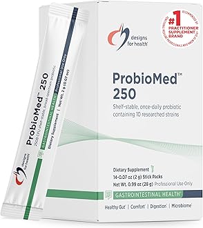 Designs for Health ProbioMed 250 Probiotics - Shelf Stable 250 Billion CFU Probiotic Supplement for Adults - 10 Strains for Digestive Health + Immune Support - Dairy Free + Gluten Free (14 Packets)