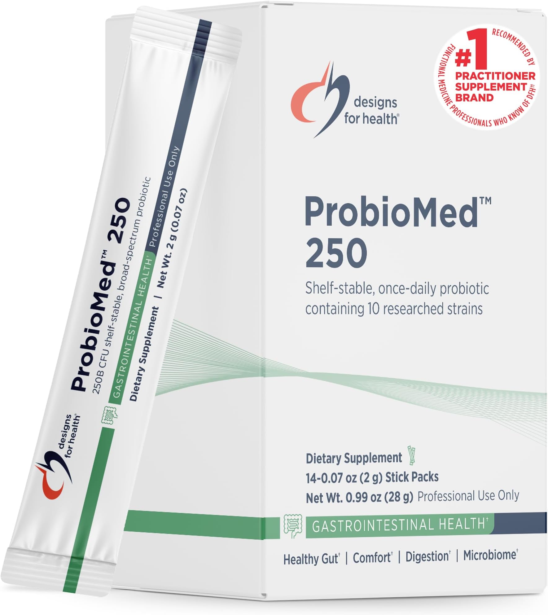Designs for Health ProbioMed 250 Probiotics - Shelf Stable 250 Billion CFU Probiotic Supplement for Adults - 10 Strains for Digestive Health + Immune Support - Dairy Free + Gluten Free (14 Packets)