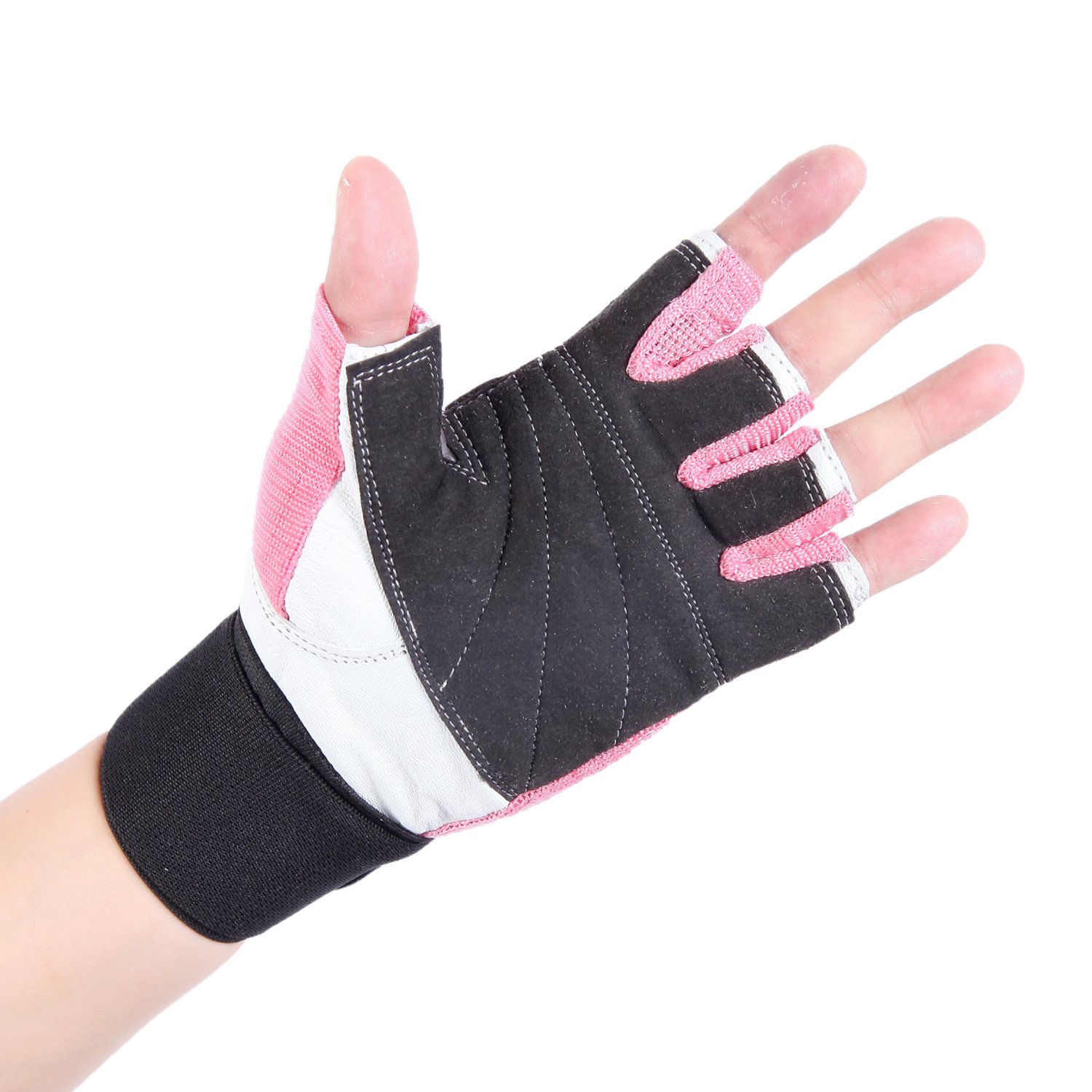 Piel suave Gimnasio Levantamiento de pesas guantes sin dedos con 12 "muñeca apoyo gimnasio con doble costura estilo para hombres y mujeres Brawn Fit, Rosado/Blanco